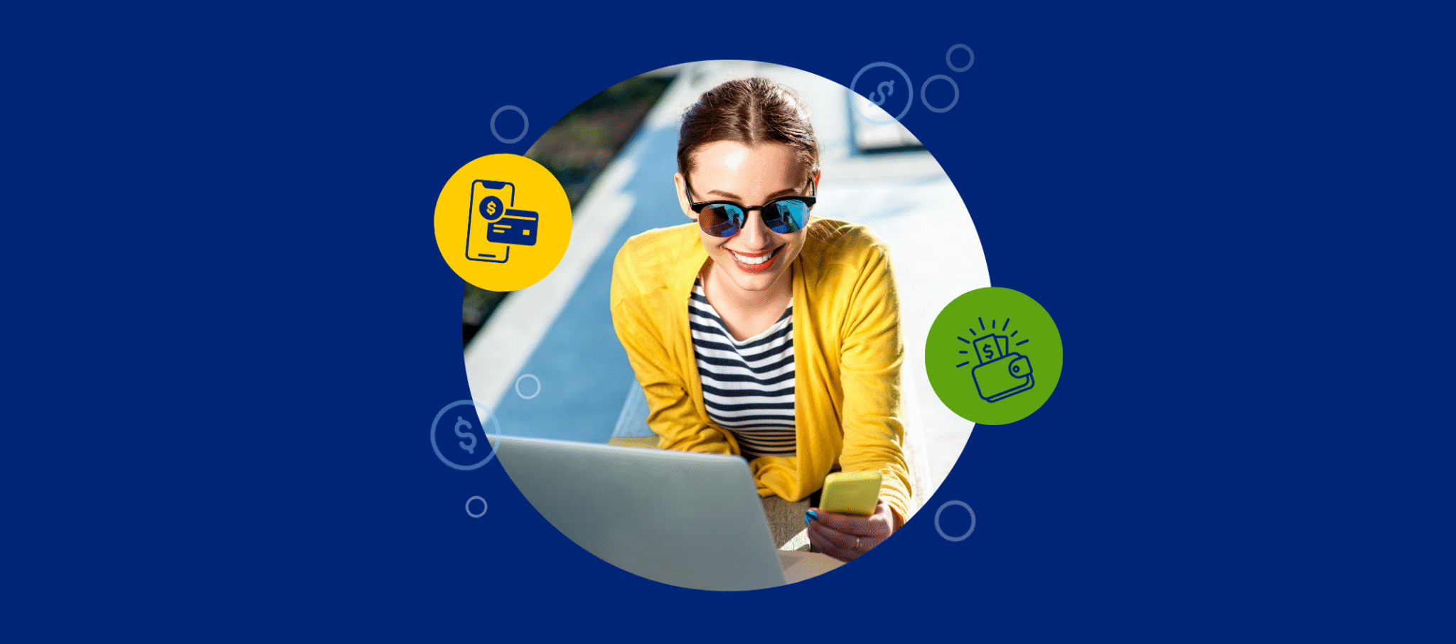 Happy woman wearing sunglasses and looking at phone