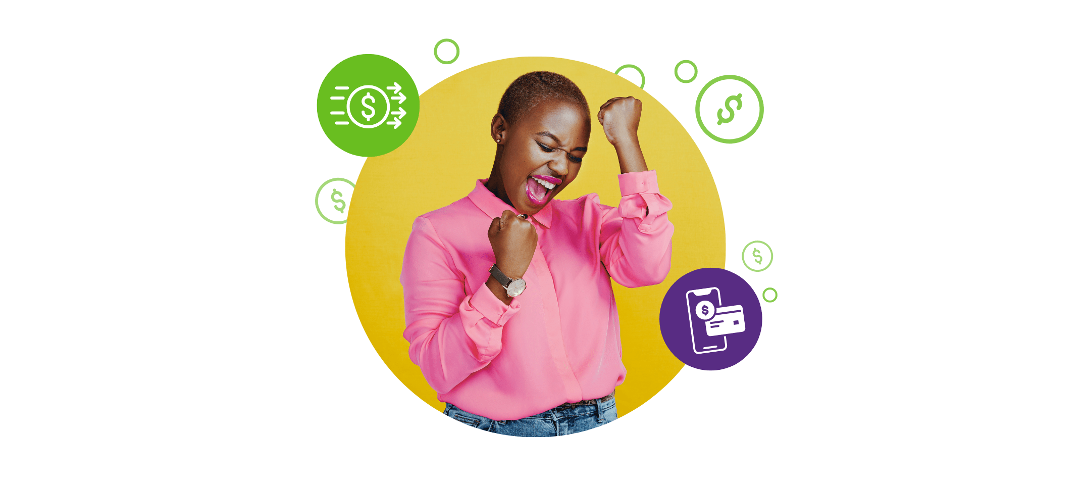 A young woman dressed in pink reacts excitedly to Quorum's No-Fee QClassic Checking Account.