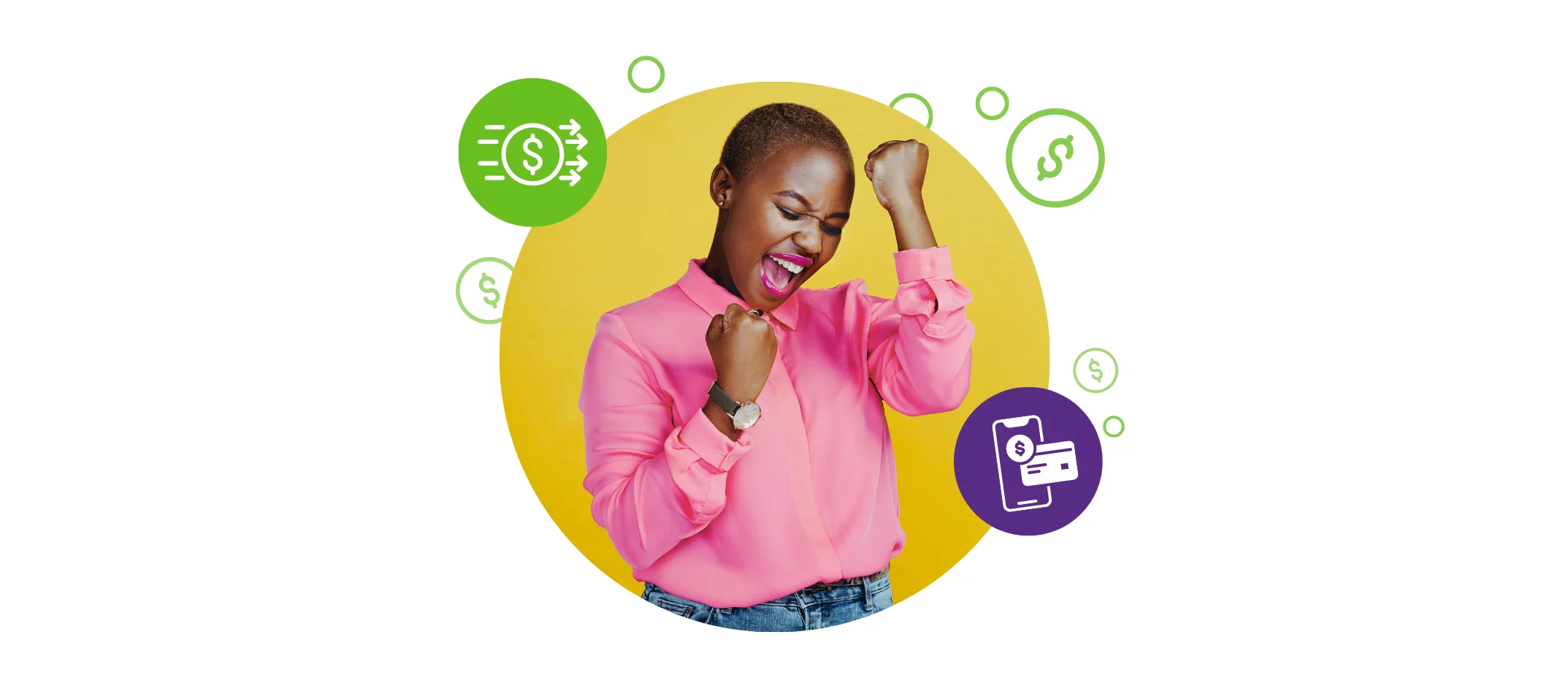 A young woman dressed in pink reacts excitedly to Quorum's No-Fee QClassic Checking Account.