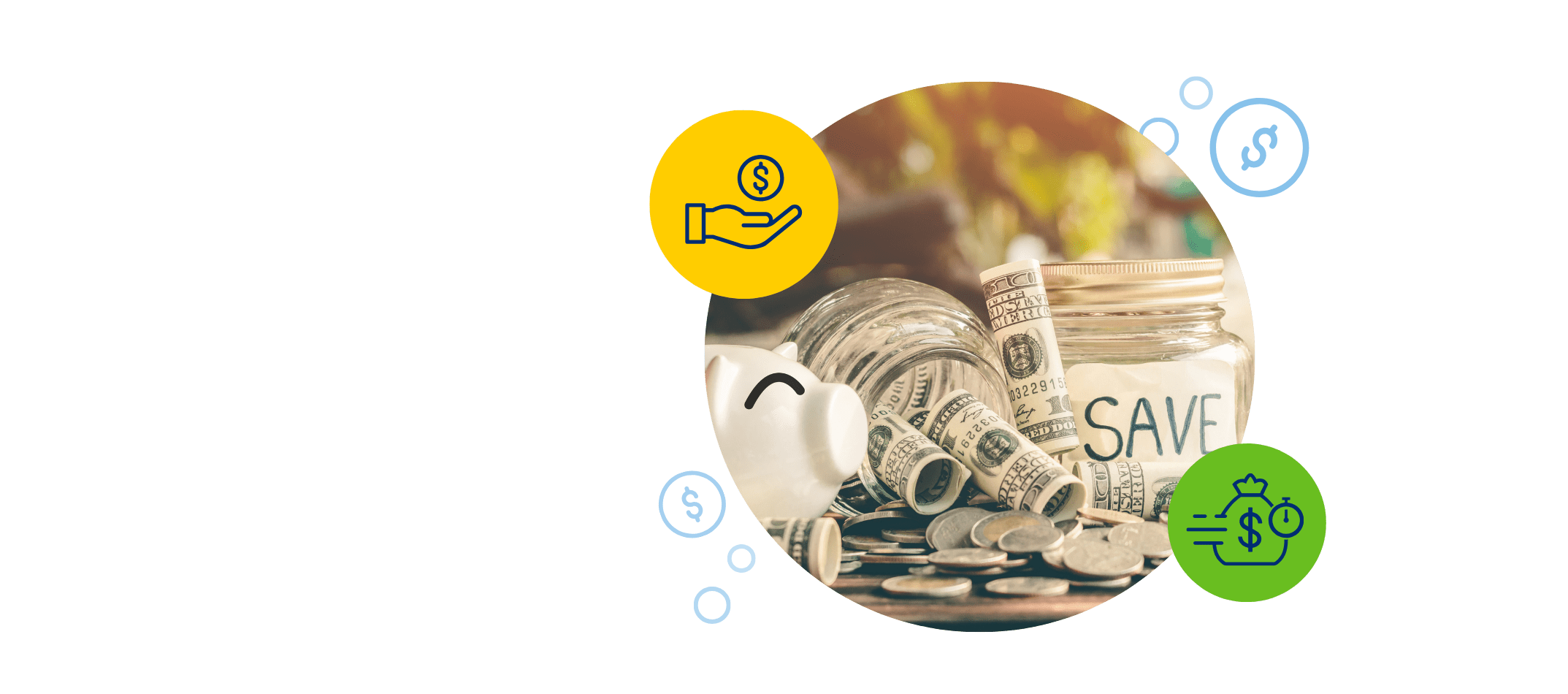 Rolls of cash, coins, and a savings jar sit on a wooden table to show how much money someone can earn with Q's Term Accounts.