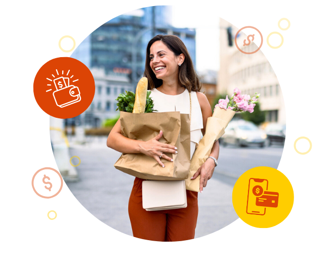 Woman walking in the city with groceries.