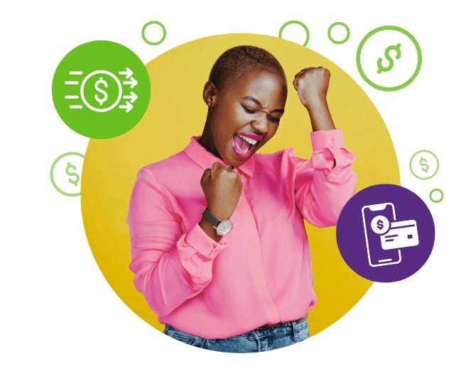 A young woman dressed in pink reacts excitedly to Quorum's No-Fee QClassic Checking Account.