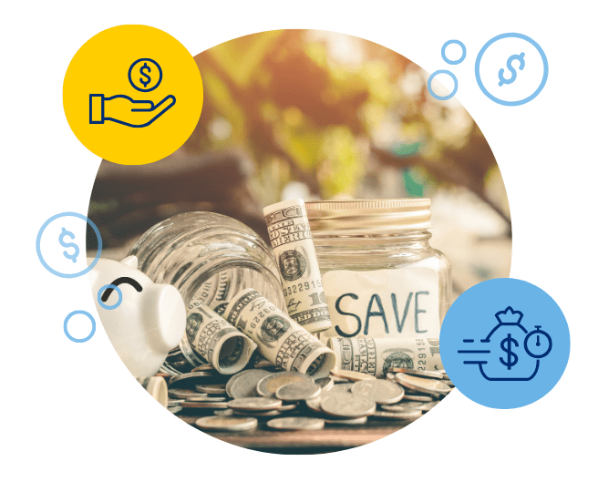 Rolls of cash, coins, and a savings jar sit on a wooden table to show how much money someone can earn with Q's Term Accounts.