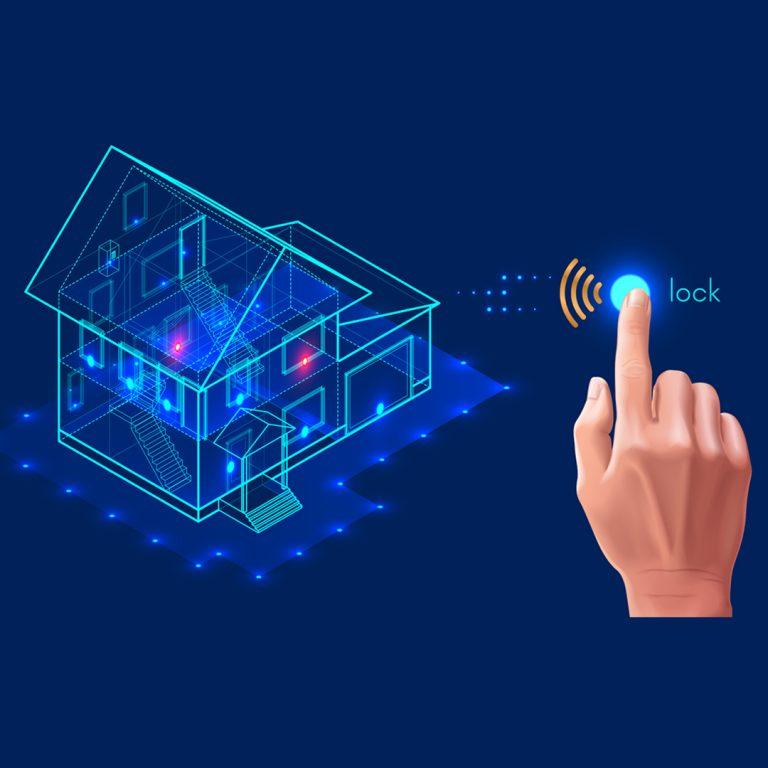 Security system of smart home. 3d house plan x-ray. Control locks the doors and windows over the internet with smartphone application