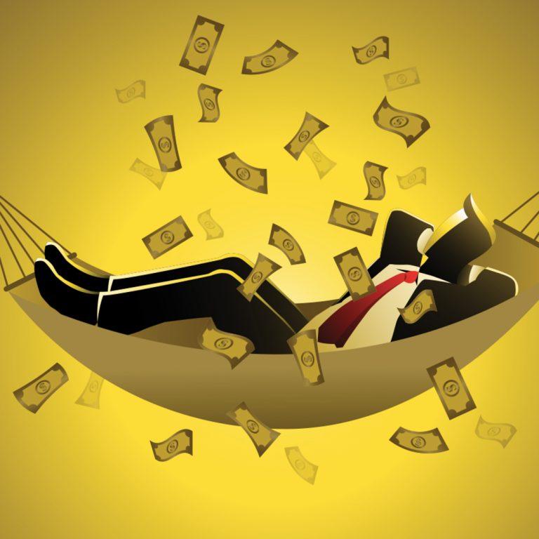 Illustration of man in suit and tie in hammock, with dollar bills raining down; concept of passive income.