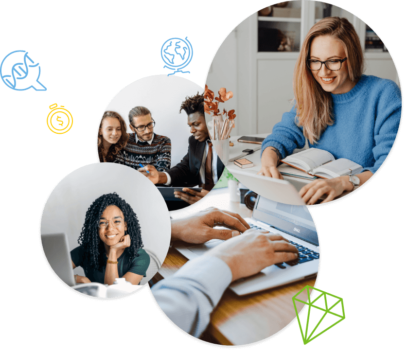 Montage of happy remote workers on their laptops, and workers collaborating together.