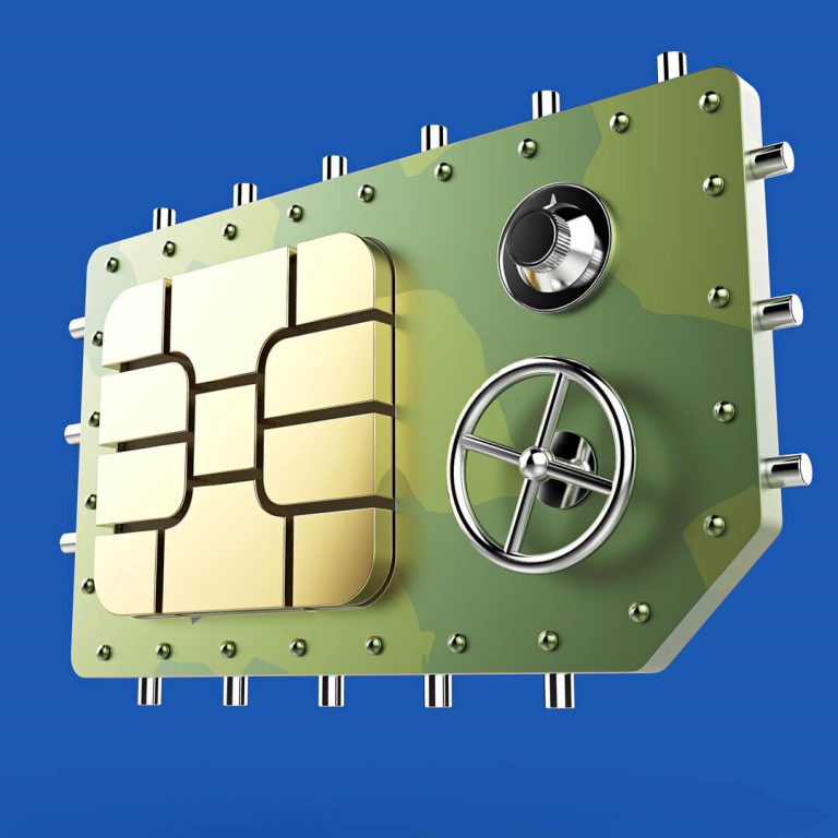 SIM Card illustrated as a vault safe, security concept, blue background.
