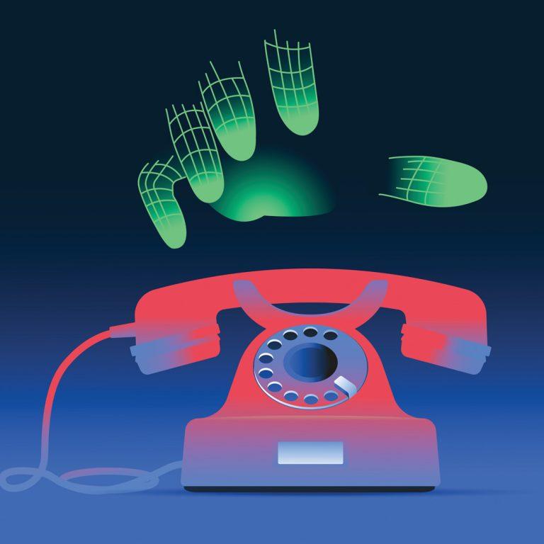 Green glowing hand going to make a phone call. Voice cloning, using artifical inelligence in spoofing and fraud concept.